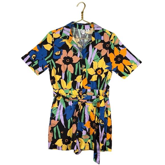 Roxy Short Sleeve Belted Jumpsuit Bold Floral Print Artsy Retro Style | Size XS - Picture 9 of 10